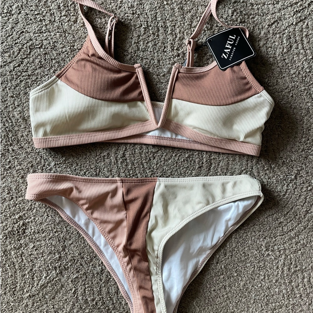 small Women’s swim bathing suit two piece set, tan/cream